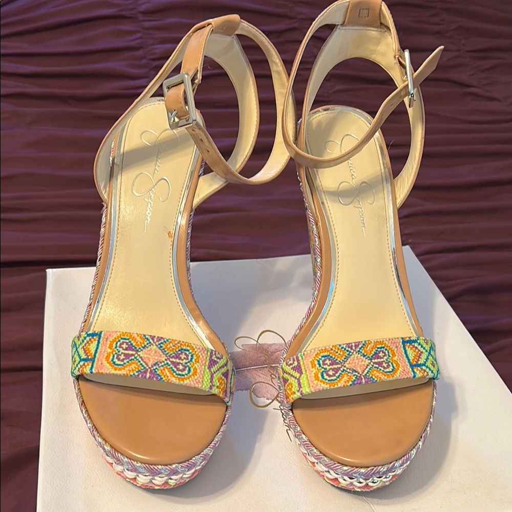 Jessica Simpson Beige Wedge Sandals with Crystal Embellishments - Picture 3 of 10